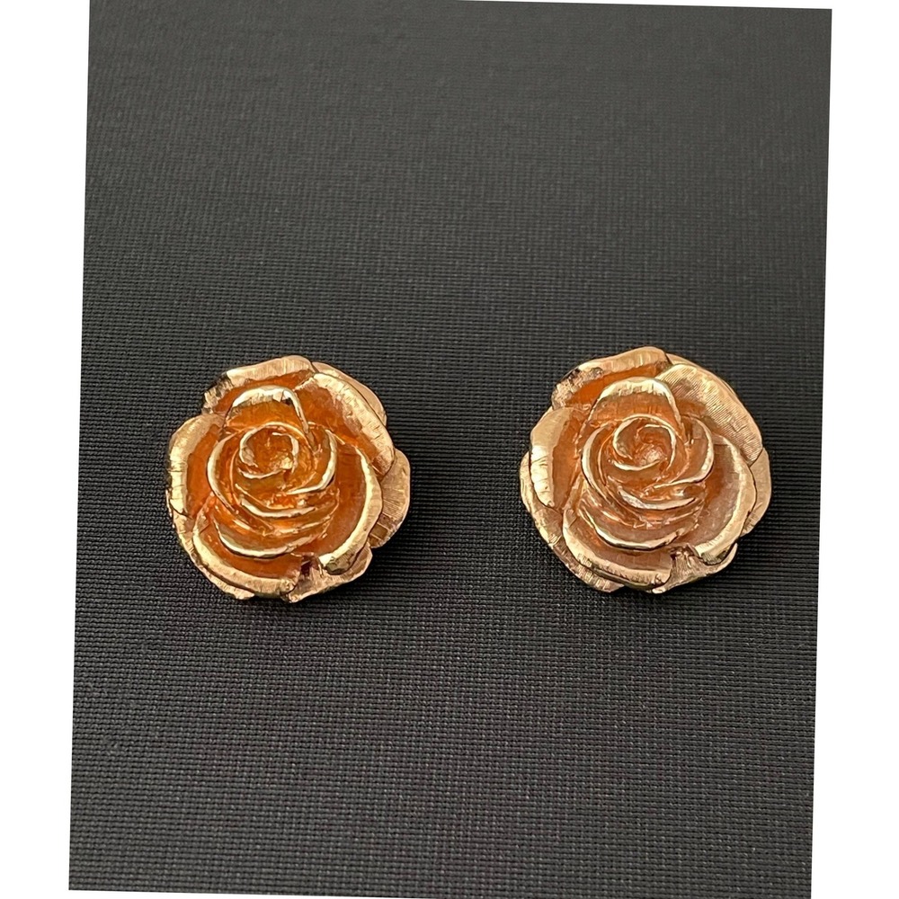 JBK Jacqueline Kennedy Gold Tone Rose Flower Clip On Earrings Signed Vintage - Picture 3 of 13